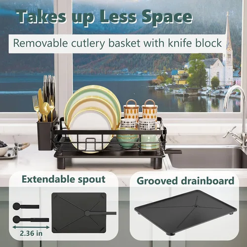 Miniatura 3 de AIDERLY Escurridor de platos de hierro con bandeja de goteo, escurreplatos para encimera de cocina, boquilla extensible con coladores