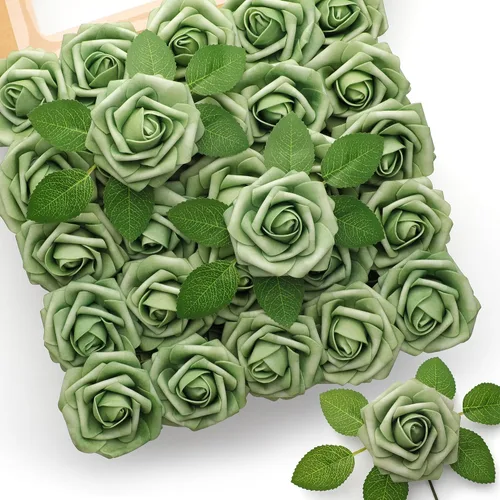 Miniatura 18 de Mocoosy 50 rosas artificiales, rosas polvorientas para decoraciones, rosas falsas de espuma de tacto real a granel con tallos, ramos de boda, Rosa