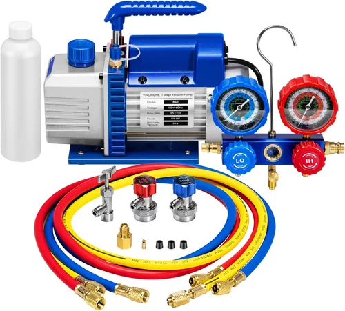 VIVOHOME Bomba de vacío de aire de paleta giratoria de una etapa de 110 V 1/4 HP 3.5 CFM y kit de manómetro de colector de CA R134a para recarga de