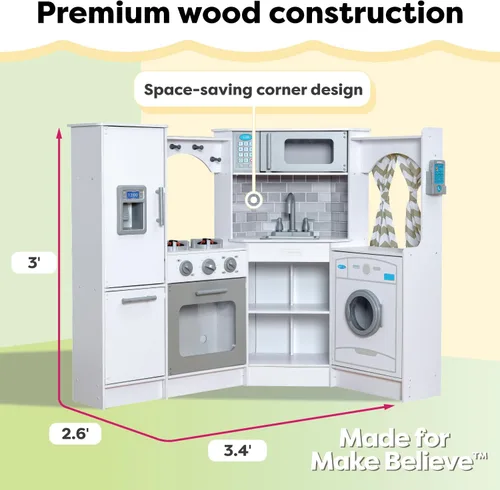 Miniatura 8 de KidKraft Ultimate - Cocina de madera de esquina con luces y sonidos, teléfono de juego y cortinas, blanco
