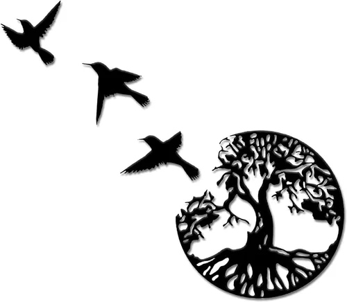 AOOLVY Arte de pared de metal árbol de la vida, árbol único de la vida y pájaros de la paz, decoración de pared de metal, placas de pared para sala