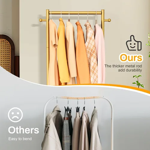 Miniatura 3 de MISSLO Percheros pequeños para colgar ropa con ruedas, perchero de ropa de 60 pulgadas con estantes, estante portátil con ruedas para armarios Dorado