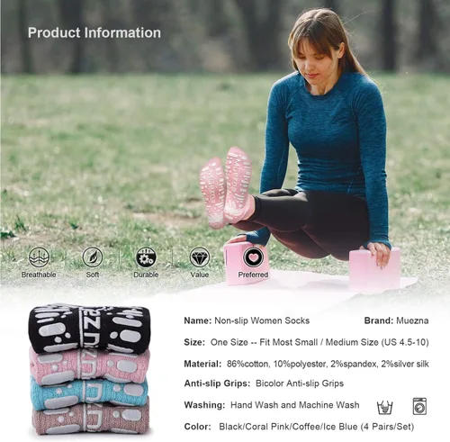 Miniatura 35 de Muezna Calcetines de yoga antideslizantes para mujer, antideslizantes, para pilates, barras, calcetines de hospital con agarres, talla 5-10