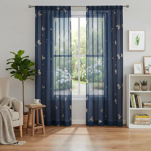 Miniatura 26 de Jubilantex Paneles de cortinas transparentes de mariposas negras y doradas de 52 pulgadas de ancho para dormitorio de niñas, elegantes cortinas