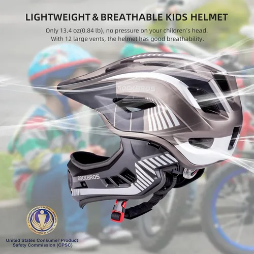 Miniatura 2 de ROCKBROS Casco integral para niños Cascos de bicicleta para niños Casco ligero de bicicleta de montaña para niños pequeños Desmontable para MTB BMX