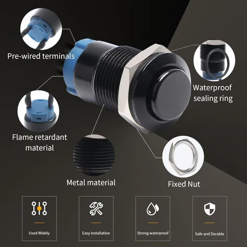 Miniatura 5 de STARELO 5 piezas 12 mm Interruptor de botón de cierre con carcasa negra y pre-cableado, interruptor de botón de presión impermeable IP65, aleación