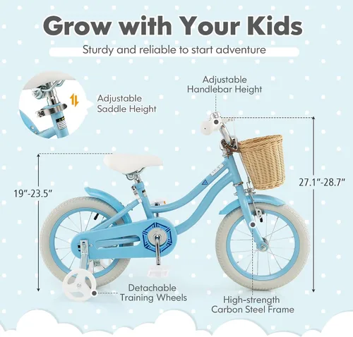 Miniatura 5 de COSTWAY Bicicleta para niños de 14, 16, 18 pulgadas, con ruedas de entrenamiento, canasta, asiento y manubrio ajustables, frenos de mano