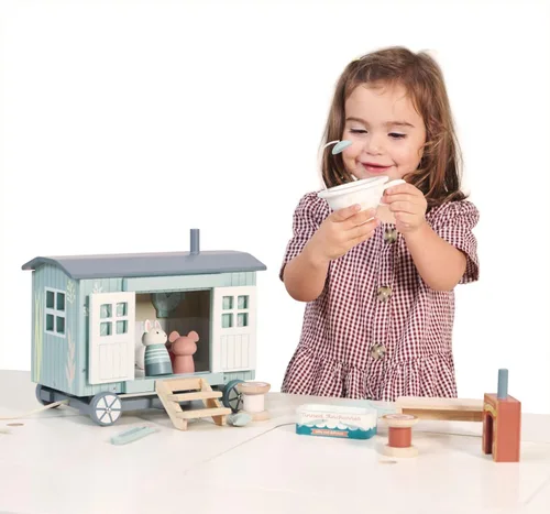 Miniatura 5 de Tender Leaf Toys - Cabaña del Pastor de la Pradera Secreta - Cabaña de Pastor de Madera Portátil y Amueblada con Ruedas, Incluye 11 Piezas