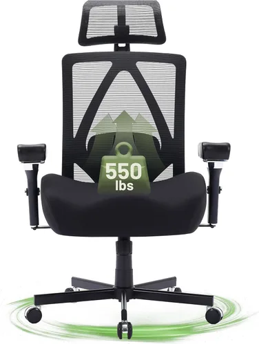Silla de oficina grande y alta de 550 libras, silla de escritorio ergonómica con cojín grueso en W y reposabrazos 4D, silla de escritorio de malla