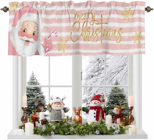 Miniatura 10 de Cenefa de Navidad para ventanas, cenefas de Papá Noel, cenefa con bolsillo para barra, tratamientos de ventana, cortinas cortas a cuadros rojos