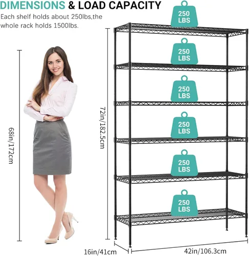Miniatura 3 de Estante de alambre de 6 niveles de 72 x 16 x 42 pulgadas, estantes de almacenamiento de metal – Todo el estante puede soportar 1500 libras – Negro