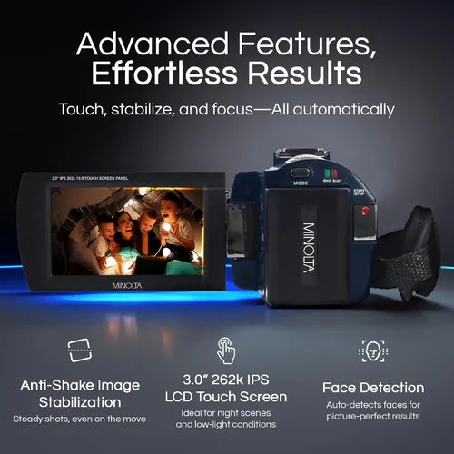 Miniatura 3 de Minolta Videocámara - 4K Ultra HD, fotos de 30 MP, visión nocturna con LED IR, zoom 16X, lapso de tiempo, antivibración, pantalla táctil de 3 Negro