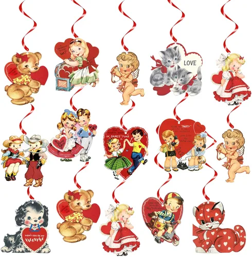 24 piezas vintage de remolinos colgantes para el día de San Valentín, decoración retro de corazón rojo para techo, suministros de decoración