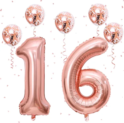 Globos de cumpleaños número 16 para niñas, globos autoinflables de papel de aluminio de 40 pulgadas número 16 con globos de confeti de oro rosa, Oro