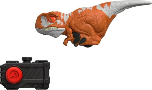 Mattel Jurassic World Dominion - Juguete de dinosaurio sin jaula con movimiento y sonido controlados por clicker, figura de acción de dinosaurio rojo