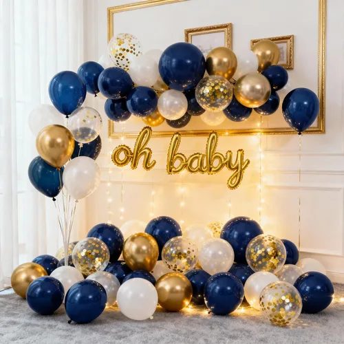Miniatura 7 de Kit de arco de globos azul marino, dorado y blanco, 129 piezas de doble relleno, azul real, cromado, oro, perla, arena, blanco, confeti, guirnalda