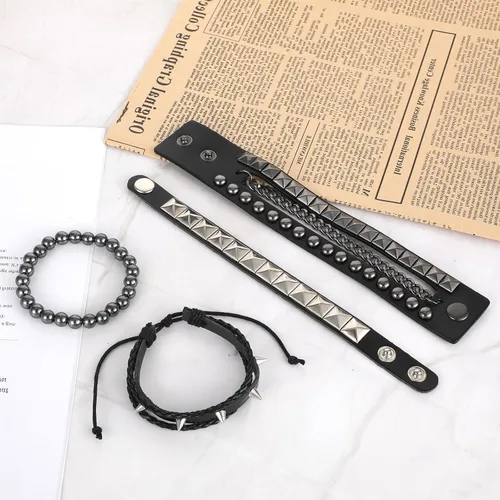 Miniatura 6 de 4 Pulseras de Cuero Tachonadas, Pulsera Punk de Cuero PU con Pinchos para Hombres y Mujeres, Brazalete de Cuero Muñequera de los Años 80 Juego