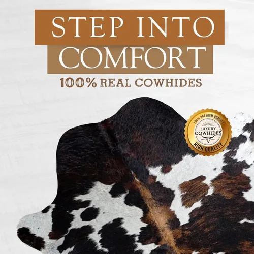 Miniatura 3 de Sunshine Cowhides Alfombra de piel de vaca tricolor 100% auténtica, alfombra de estilo moderno de piel de animal y alfombra para sala de estar