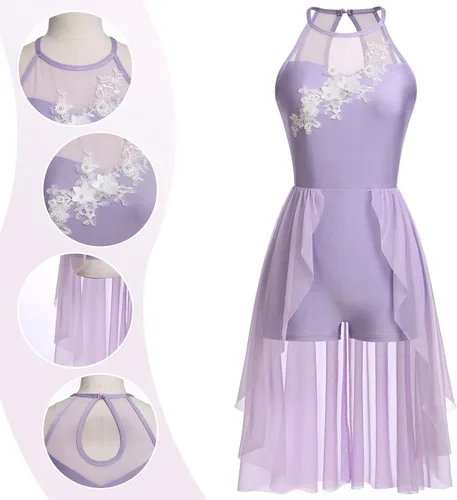Miniatura 3 de Vestido de baile lírico para mujer, diseño de flor halter, disfraz de baile contemporáneo, vestido de ballet para adultos