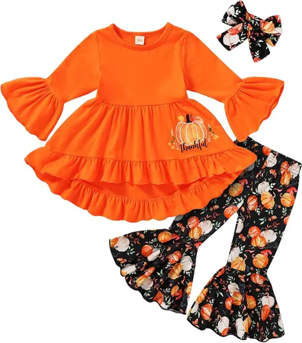 Halloween Acción de Gracias niños ropa de calabaza pavo camiseta vestido + pantalones + diadema conjunto de otoño 3 piezas