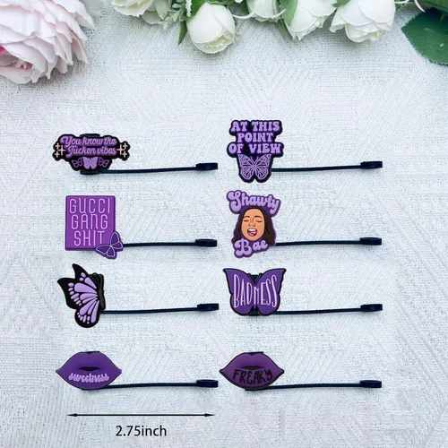 Miniatura 7 de Kleeblatt Tapas de pajitas moradas, 8 piezas de bonitas puntas de silicona reutilizables, adornos de paja para vasos, adecuado para popotes de 1/4 a