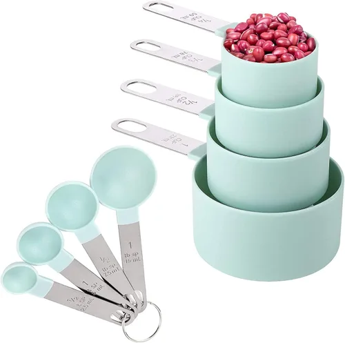 Miniatura 7 de Juego de 8 tazas y cucharas medidoras/tazas medidoras anidables con mango de acero inoxidable/para ingredientes secos y líquidos (gris oscuro)