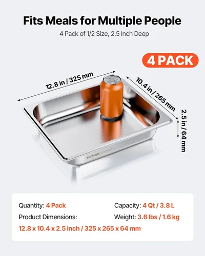 Miniatura 3 de VEVOR Paquete de 4 sartenes de hotel de acero inoxidable para vapor, sartén de mesa de vapor de tamaño 1/2, sartén de 2.5 pulgadas de profundidad