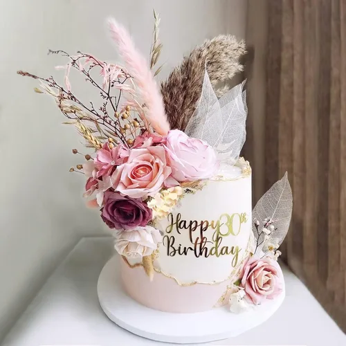 Decoración natural de pastel estilo bohemio con flores artificiales vintage, hojas, varias hierbas de pampas secas para pastel, decoración para Rosa