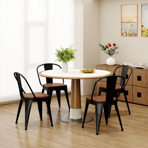 Miniatura 9 de Sillas de comedor de metal de 18 pulgadas, juego de 4 sillas de granja Arlunar, sillas de comedor negras apilables con respaldo y asiento de madera