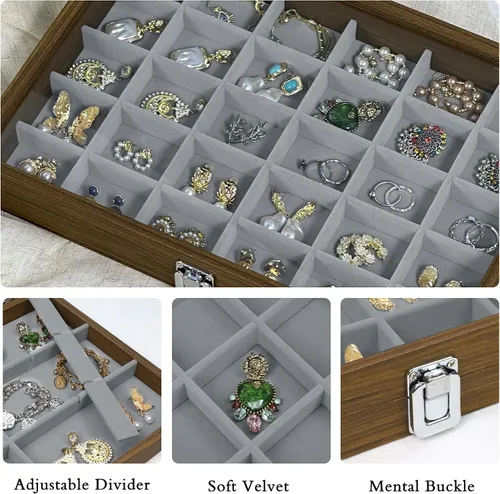 Miniatura 2 de Stratalife Organizador de joyas de madera con 30 rejillas, bandeja para aretes, caja de anillos, organizador de aretes con tapa transparente