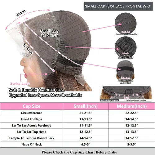 Miniatura 4 de ALHER Pelucas de cabello humano con encaje frontal de gorra pequeña #4/27 rubio miel con reflejos, pelucas de encaje frontal de 13 x 4 con cabello