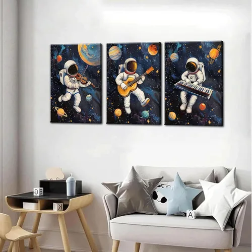 Miniatura 4 de 3 piezas de arte de pared de astronauta espacial musiic lienzo lindo astronauta músico decoración imágenes divertidas piano guitarra violín carteles