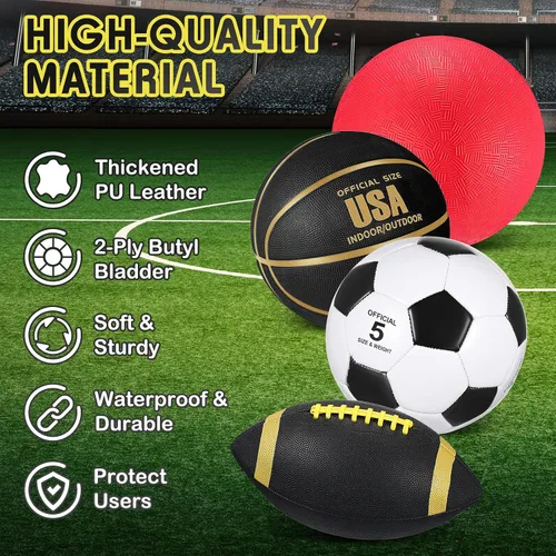 Miniatura 3 de Lenwen Juego de 4 pelotas deportivas, incluye tamaño oficial de baloncesto, fútbol, fútbol, parque infantil, bolsa de equipamiento