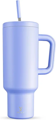 Miniatura 59 de Meoky - Vaso de 30 oz con asa, tapa y pajilla, taza de viaje térmica de acero inoxidable 100% a prueba de fugas, para portavasos, mantiene el frío