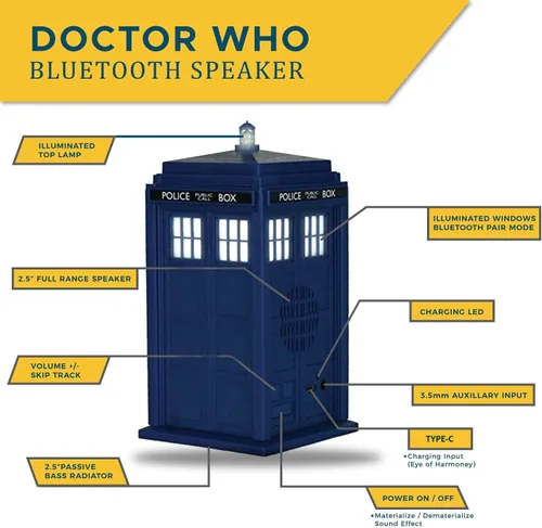 Miniatura 3 de FAMETEK Altavoz Bluetooth Doctor Who Tardis. Reproduce música, se ilumina, efectos de sonido detallados de Tardis Los mejores regalos de Doctor