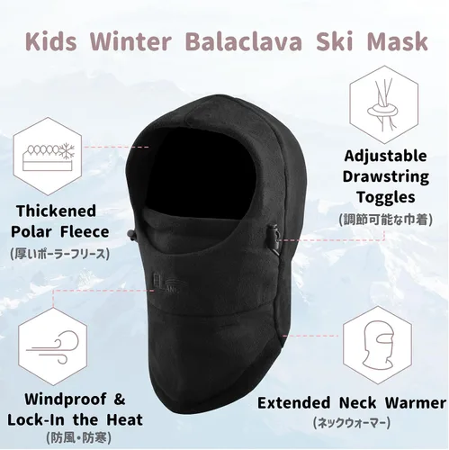 Miniatura 3 de Azarxis Gorro de niños con pasamontañas de forro polar para esquí, máscara facial de invierno, gorro ajustable con calentador doble para el cuello