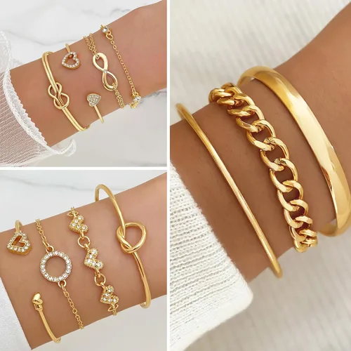 Miniatura 4 de VKME Juego de 45 piezas de joyería dorada para mujeres y niñas, aretes colgantes delicados, elegantes anillos de nudillos, pulseras y collares