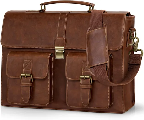 Miniatura 8 de RAINSMORE Bolsa de mensajero para hombre de 15.6 pulgadas de cuero vintage para laptop, maletín impermeable, bolsa de cuero para computadora laptop