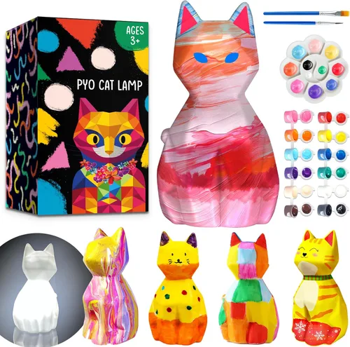 Miniatura 10 de FUNZBO Kit de lámpara para pintar tu propio gato de 4.3 pulgadas, suministros de pintura para niños y adolescentes, juguete de luz nocturna