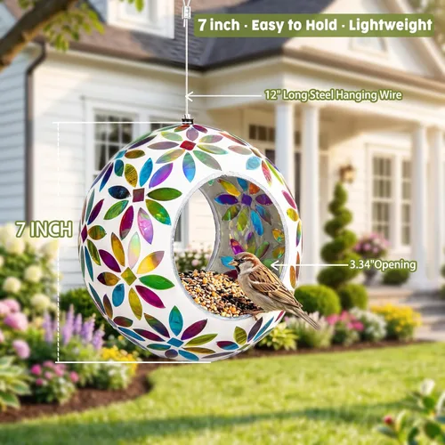 Miniatura 4 de VCUTEKA Comedero para pájaros para colgar en el exterior con recipiente de vidrio de forma redonda para atraer más aves silvestres, mosaico de paso
