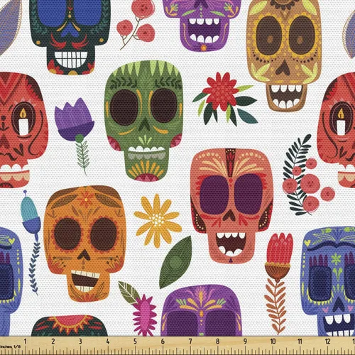 Miniatura 92 de Ambesonne The Yard, tela de calavera colorida con temática de Halloween, diseño de calavera y huesos cruzados, divertido estampado de dibujos
