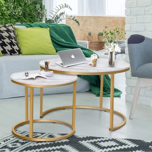 Miniatura 7 de Garden 4 you Mesa auxiliar anidable de mármol blanco sintético para lugares pequeños, 2 juegos de muebles modernos, juegos de sala de estar, mesa