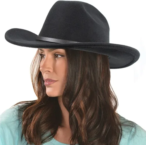 Miniatura 12 de Sombrero de vaquero clásico de fieltro occidental para mujeres y hombres de ala ancha con hebilla de cinturón (tamaño: mediano-grande)