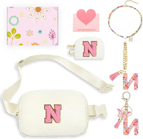 Miniatura 56 de Regalos de moda para niñas adolescentes, cangurera con monograma para niña con llavero, collar, dijes de taza, tarjeta de felicitación y caja