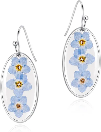 Miniatura 6 de Pendientes de flores prensadas, hechos a mano, con flores de olvidémino y encaje de la reina Ana, flores silvestres únicas de resina seca, perfectos