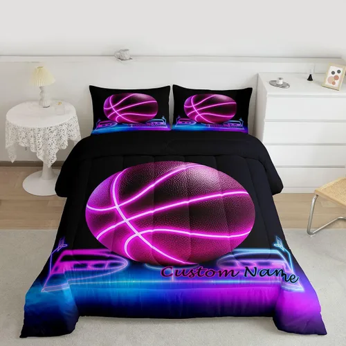 Miniatura 3 de Erosebridal Juego de ropa de cama de baloncesto rosa tamaño matrimonial para niños y niñas, juego de edredón con temática deportiva, edredón