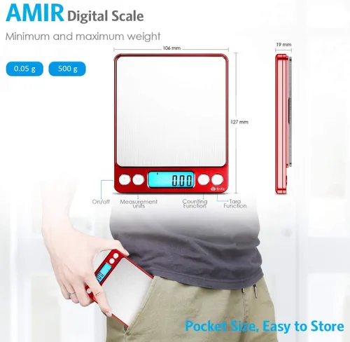 Miniatura 3 de AMIR Báscula digital de cocina mejorada, 17.76 oz de bolsillo para joyas, báscula de alimentos para cocinar con pantalla LCD retroiluminada, 2 Rojo