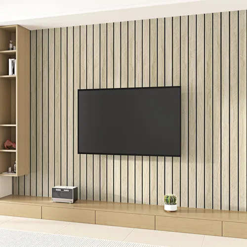 Miniatura 4 de Wallercity Paneles acústicos de listones de madera marrón claro para decoración elegante, reducción de ruido, paneles de grano de madera con textura