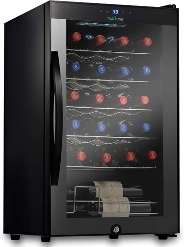 Nutrichef Refrigerador de vino de 24 botellas | Enfriador de vino de una sola zona | Control de temperatura ajustable de 41 °F a 64 °F |