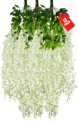Miniatura 64 de Paquete de 12 flores colgantes de glicina rosa, flores colgantes falsas de 3.44 pies, guirnalda de glicina artificial para decoración de boda, telón